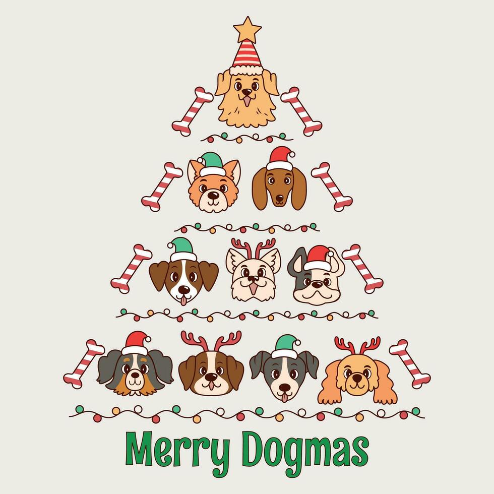 cute dogs with christmas tree illustration, christmas tree with dogs, christmas tree with dogs vector