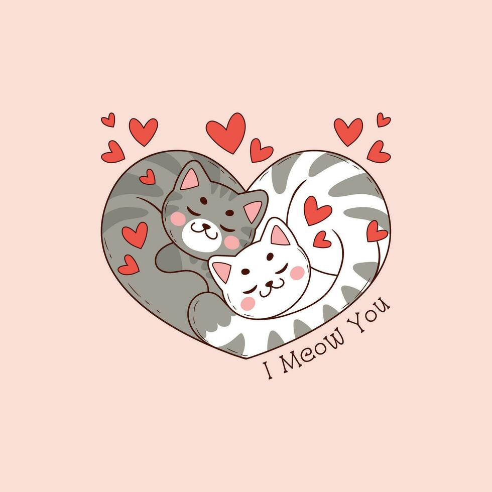 linda ilustración de dos gatos formando un corazón, Pareja de gatos en amor para San Valentín día vector