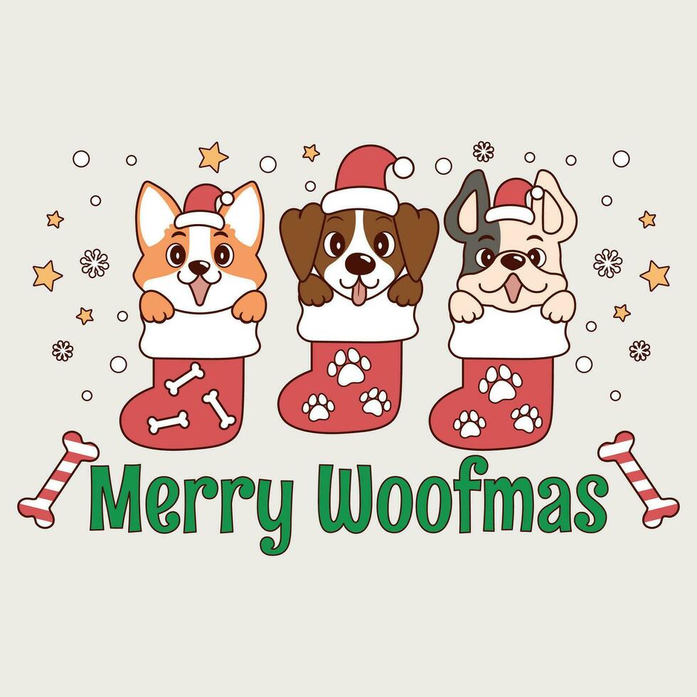 adorable illustration of small christmas dogs, dogs inside christmas stocking, puppies inside christmas calsetin with christmas hats vector
