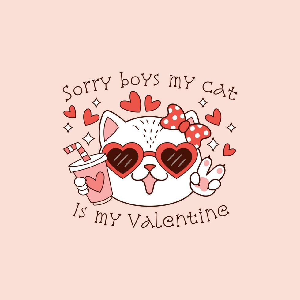 cute white cat for valentine's day with heart glasses vector