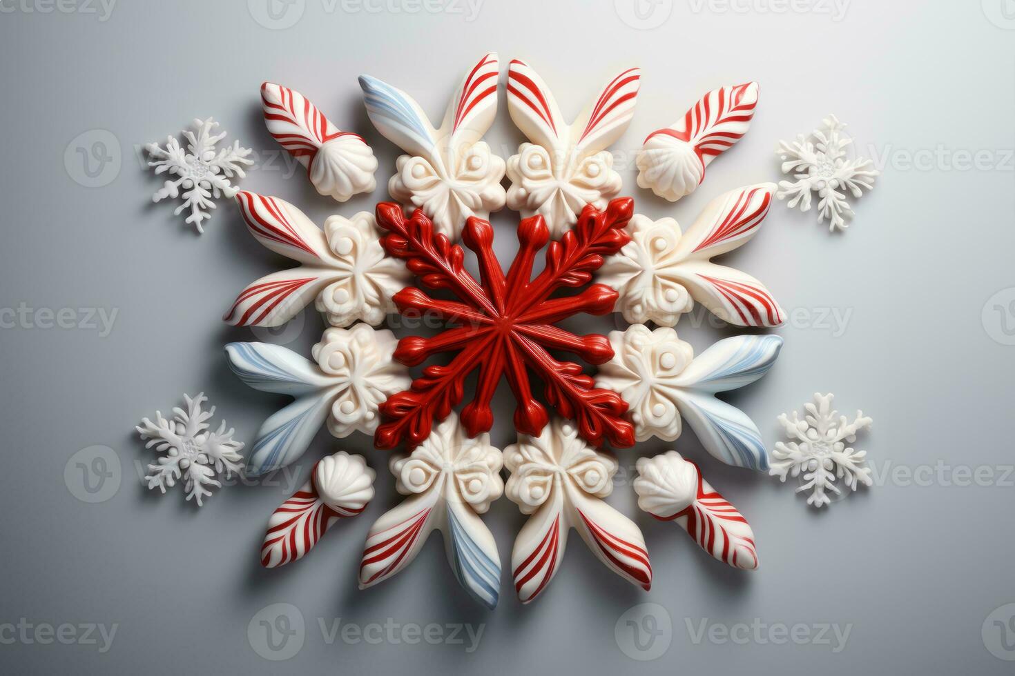 AI generated Candy canes forming a snowflake on a white background, christmas picture photo