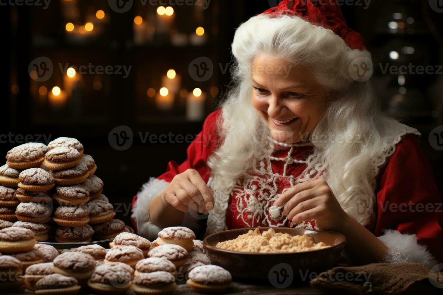 AI generated Mrs claus creates magic in the kitchen filling the air with the irresistible aroma of festive baking, christmas wallpaper photo