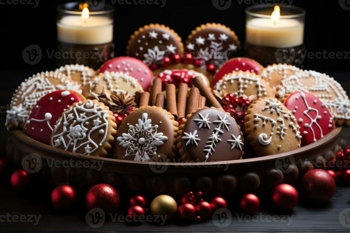 AI generated Christmas cookies arranged in a festive wreath shape with a central gingerbread house cookie, xmas images photo