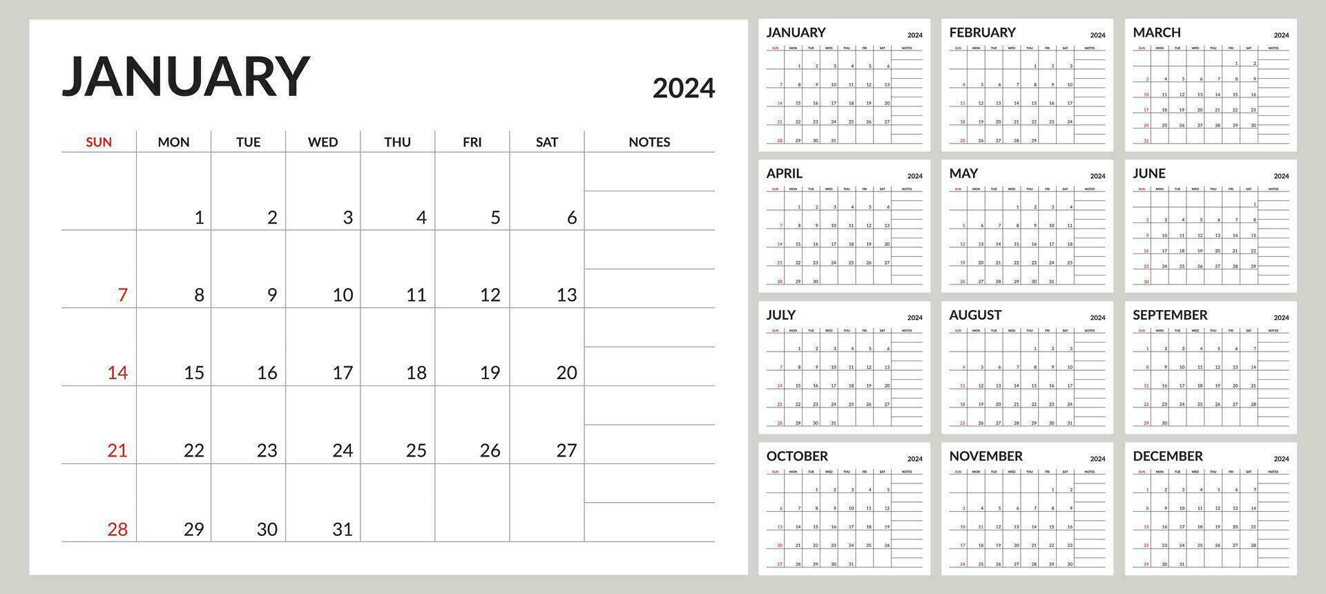 Calendar 2024 full month simple and modern vector