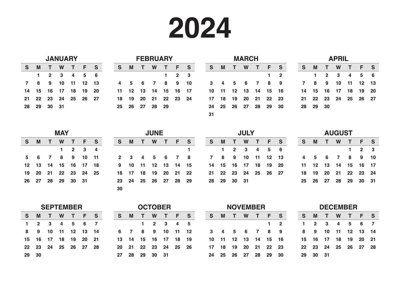 Yearly calendar 2024 sunday start vector