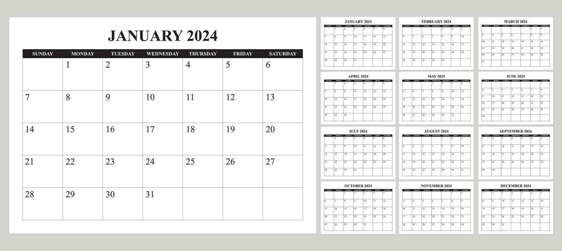 conjunto calendario 2024 con sencillo y moderno diseño vector