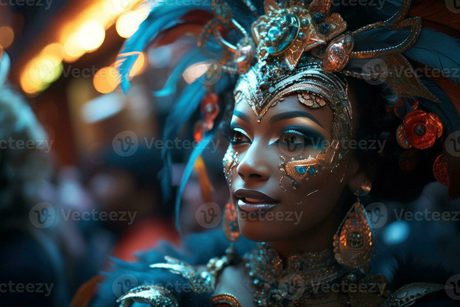 AI generated Costumed figures as abstract planets and galaxies, festive carnival photos