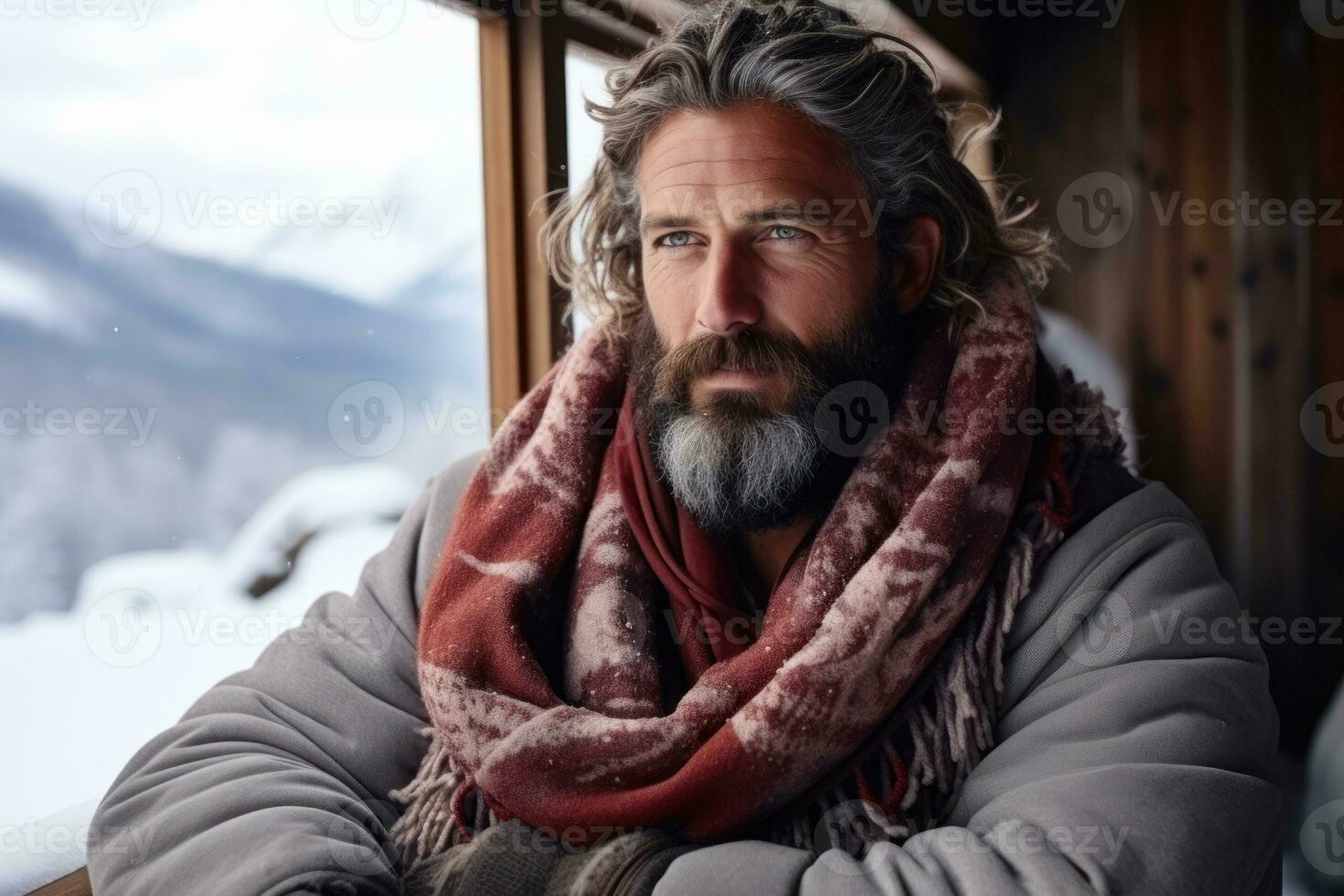 AI generated Man wrapped in a blanket enjoying hot drink on snow overed cabin porch, hygge concept photo