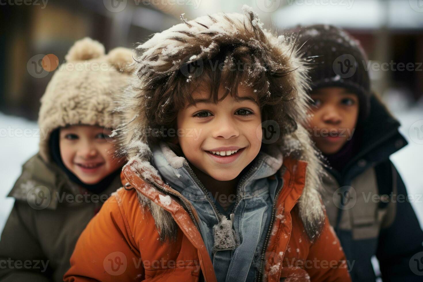 AI generated Boys in winter attire playing joyfully on a snowy playground, hygge concept photo