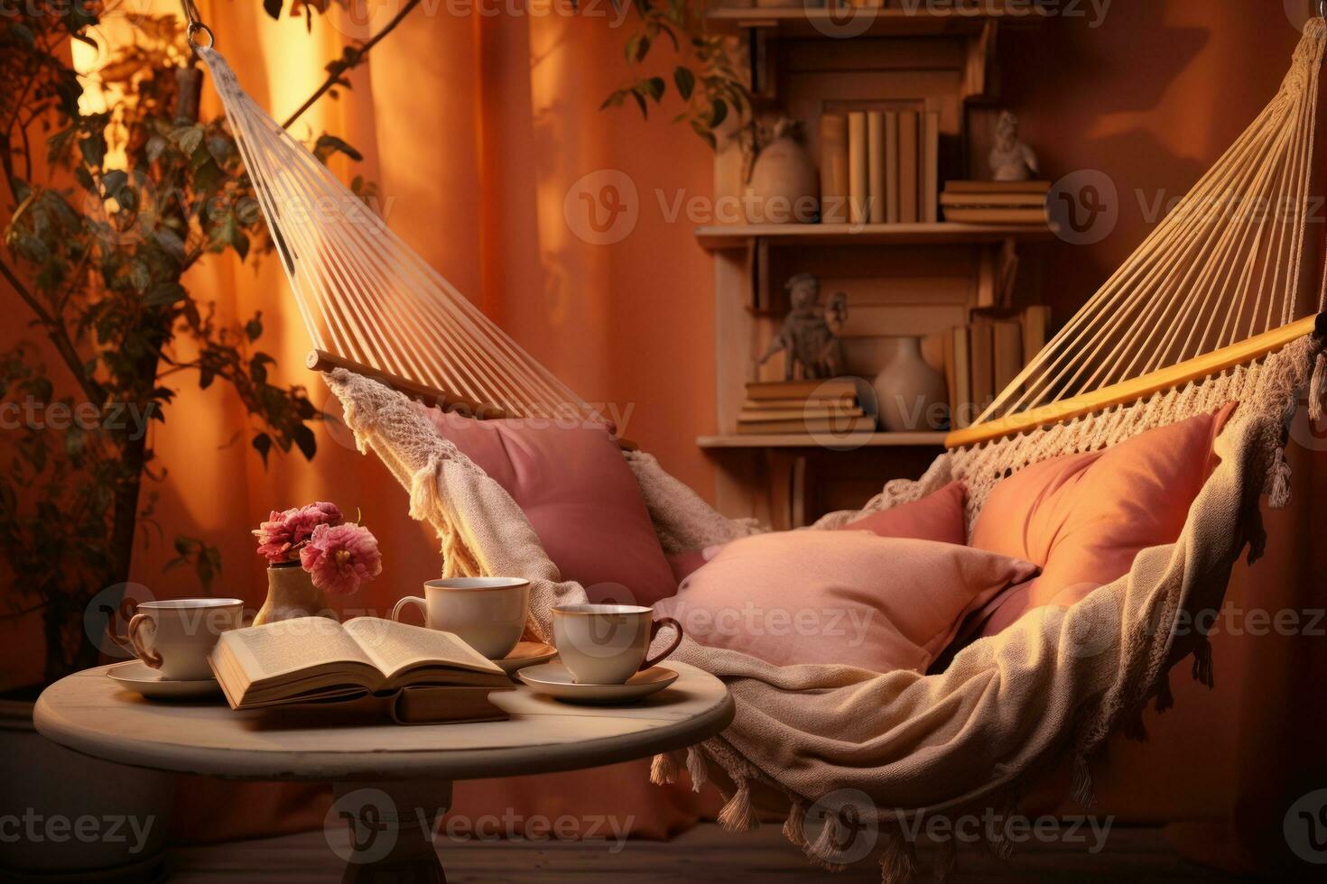 AI generated Relaxing hammock scene with book and tea, hygge concept photo