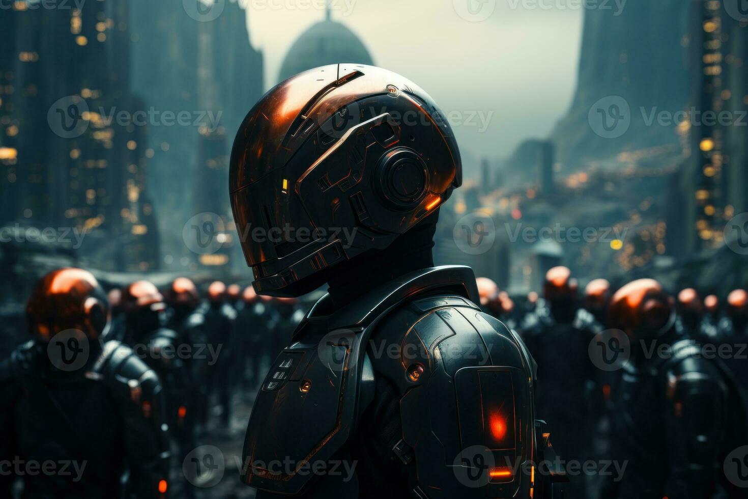 Future security robotic police safeguarding a high tech metropolis, futurism image photo