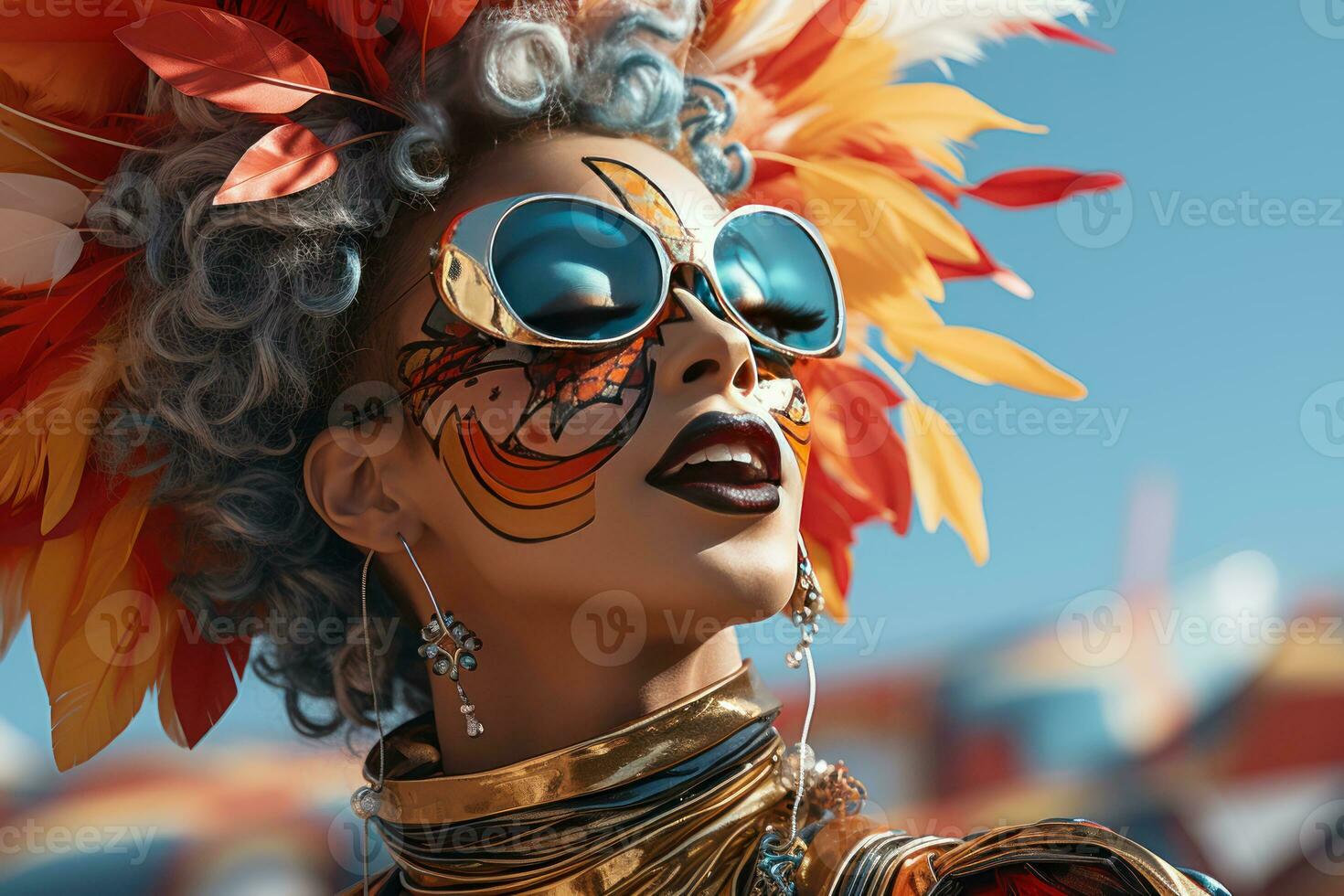 AI generated Woman in mask chasing drifting balloon, colorful carnival images photo