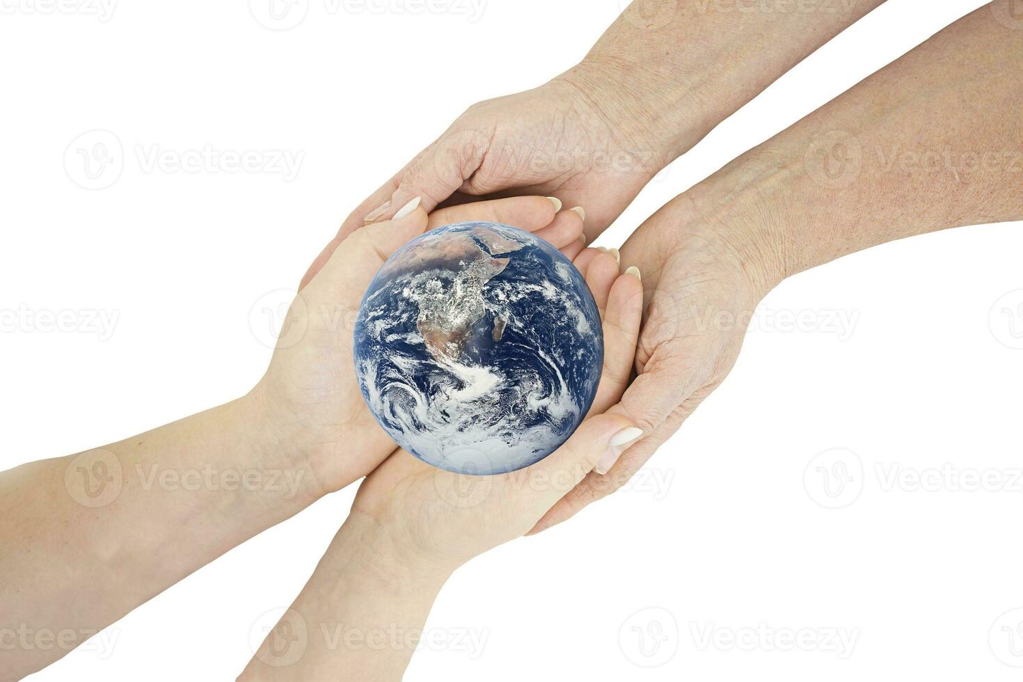 Earth in female hands isolated on white background. The concept of preserving our planet for the next generation. Ecological concept. photo