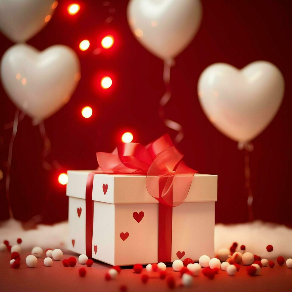 Happy valentine's day concept with red gift box and heart  shaped balloons romantic banner love concept by AI Generated photo