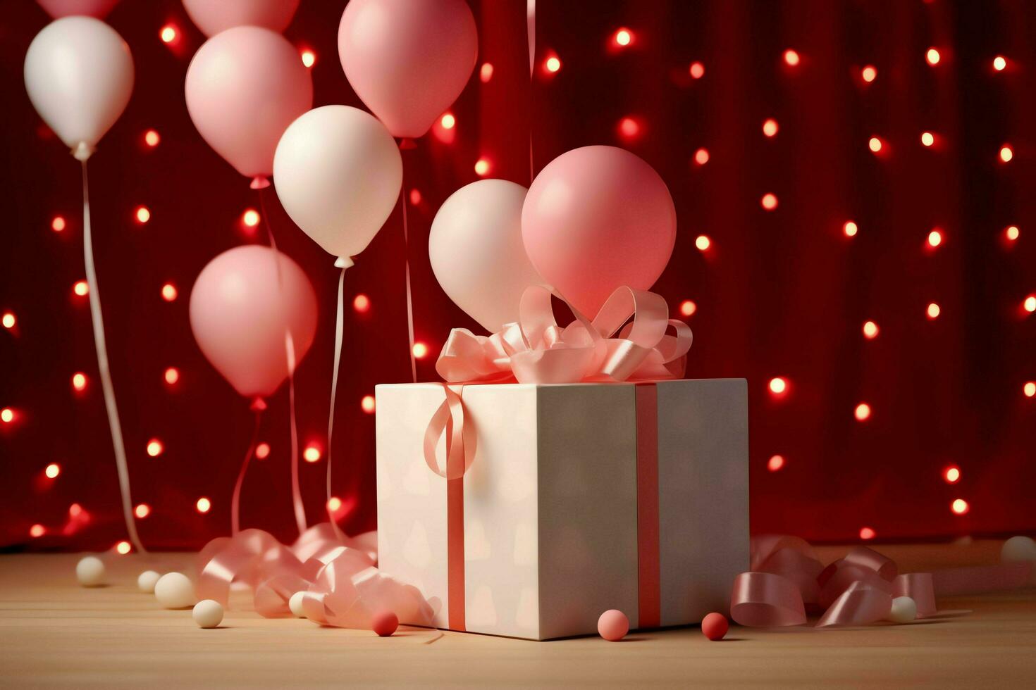 Happy valentine's day concept with red gift box and heart  shaped balloons romantic banner love concept by AI Generated photo
