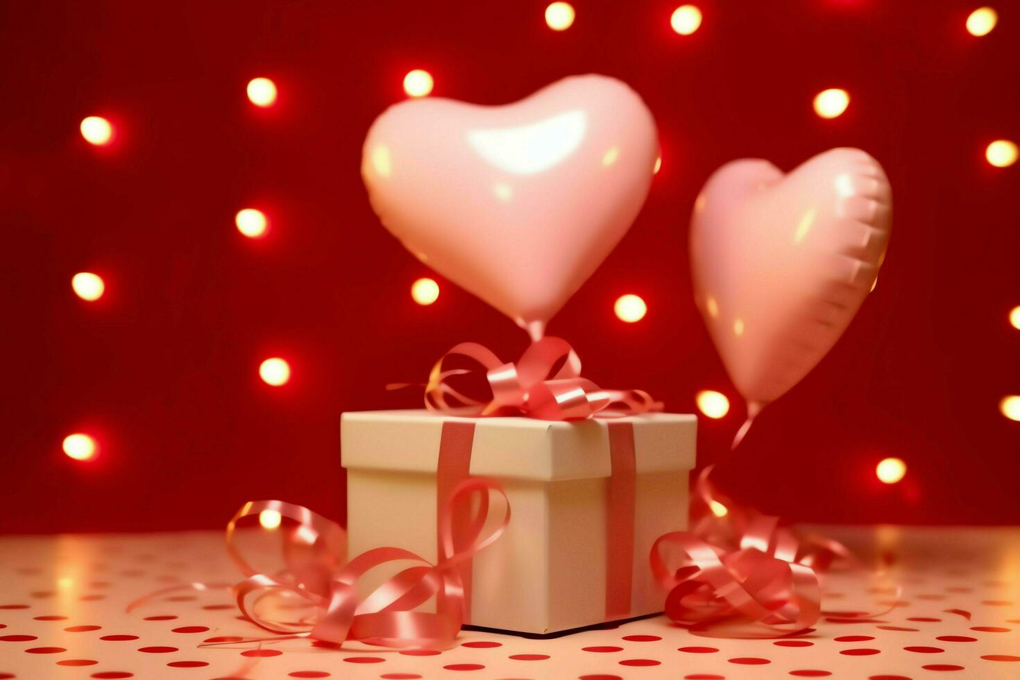 Happy valentine's day concept with red gift box and heart  shaped balloons romantic banner love concept by AI Generated photo