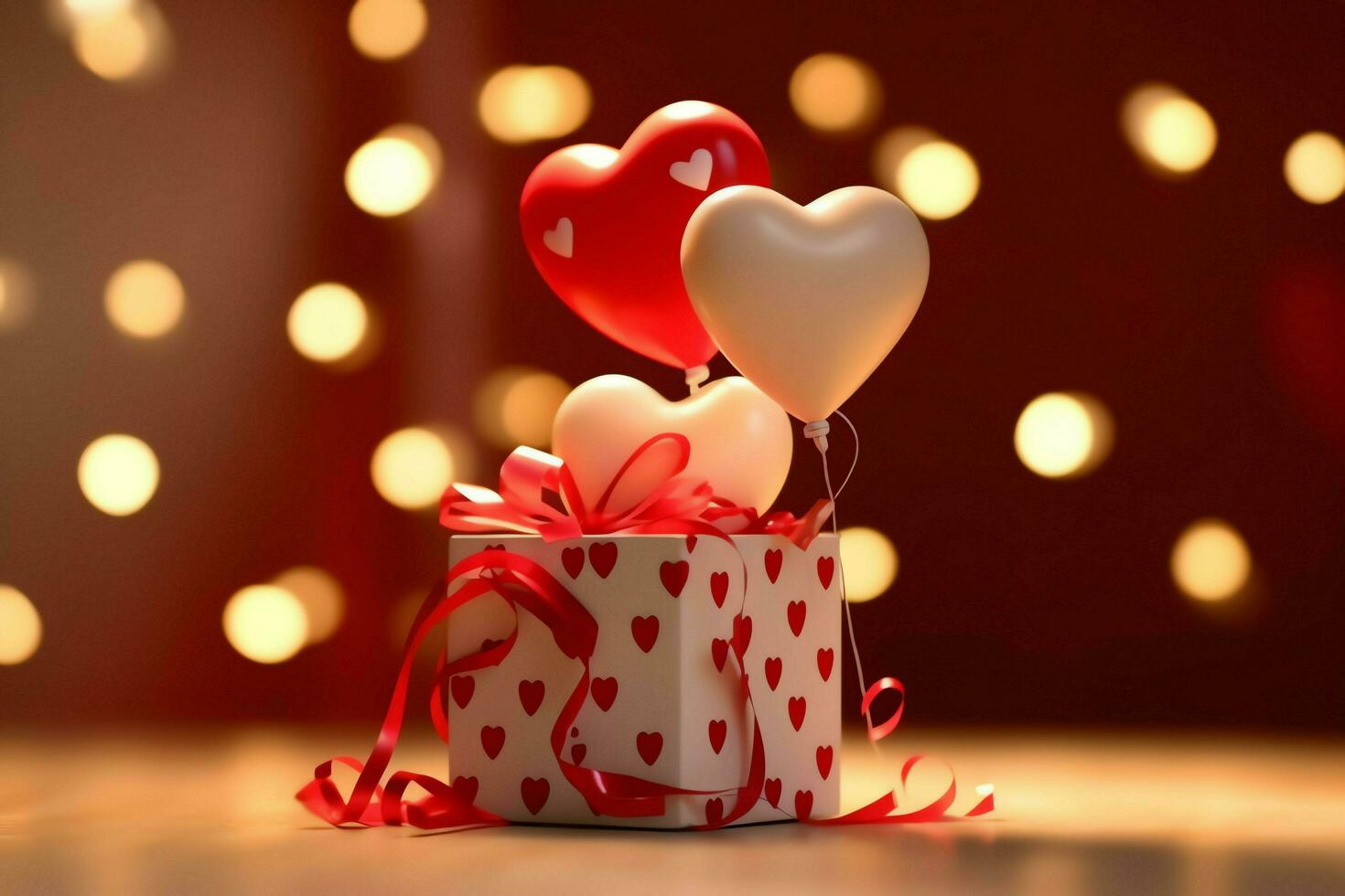 Happy valentine's day concept with red gift box and heart  shaped balloons romantic banner love concept by AI Generated photo