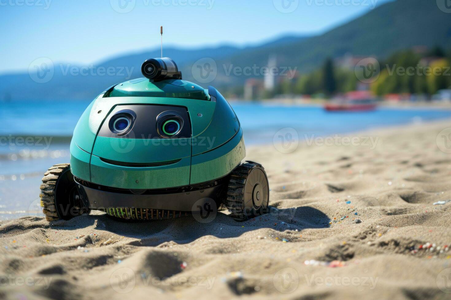 AI generated Futuristic coastal care autonomous robots clearing beaches, futurism image photo
