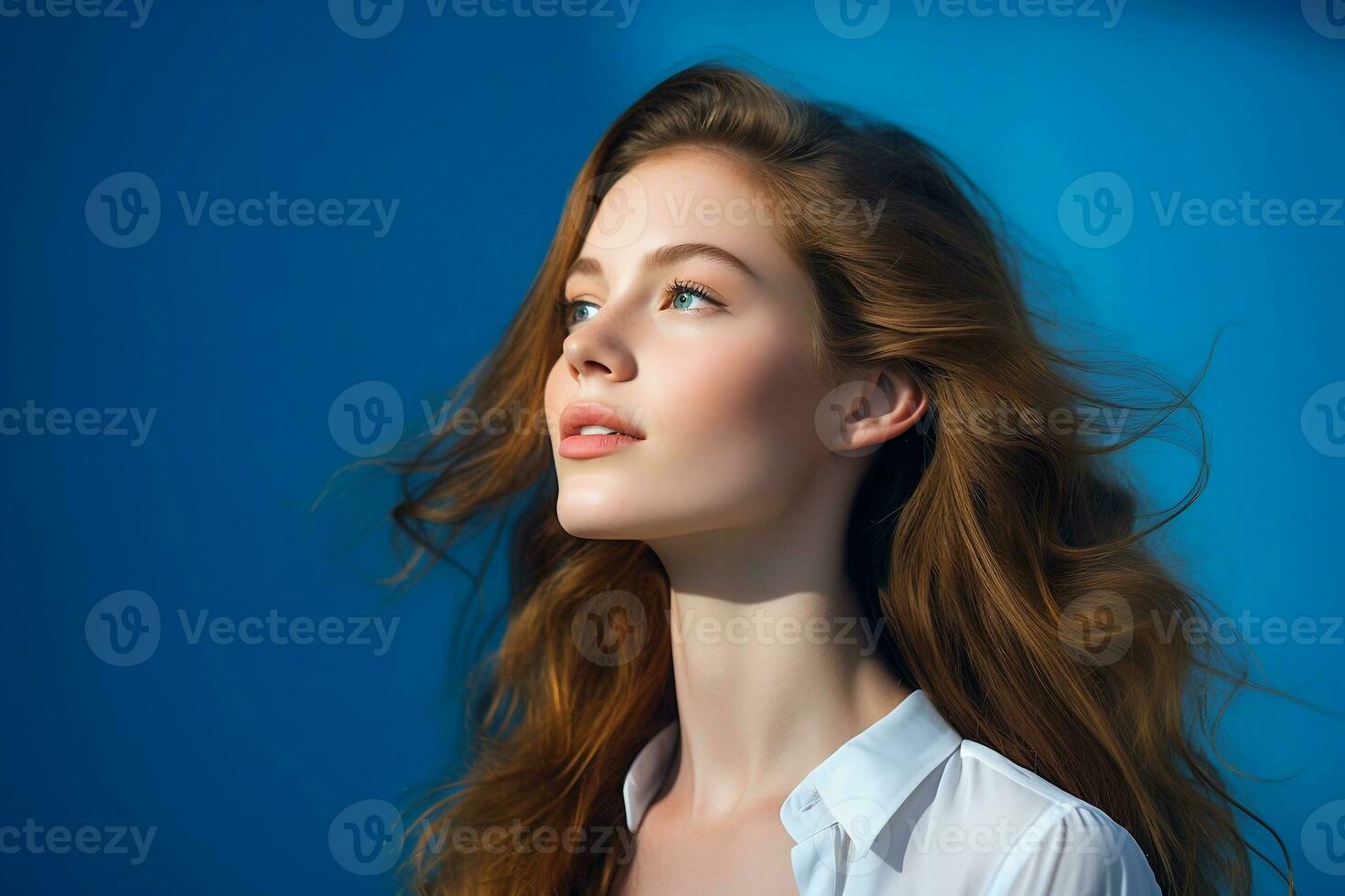 AI generated Cute woman with long hair on a blue background. The concept of vision of the future. Image generated by AI. photo