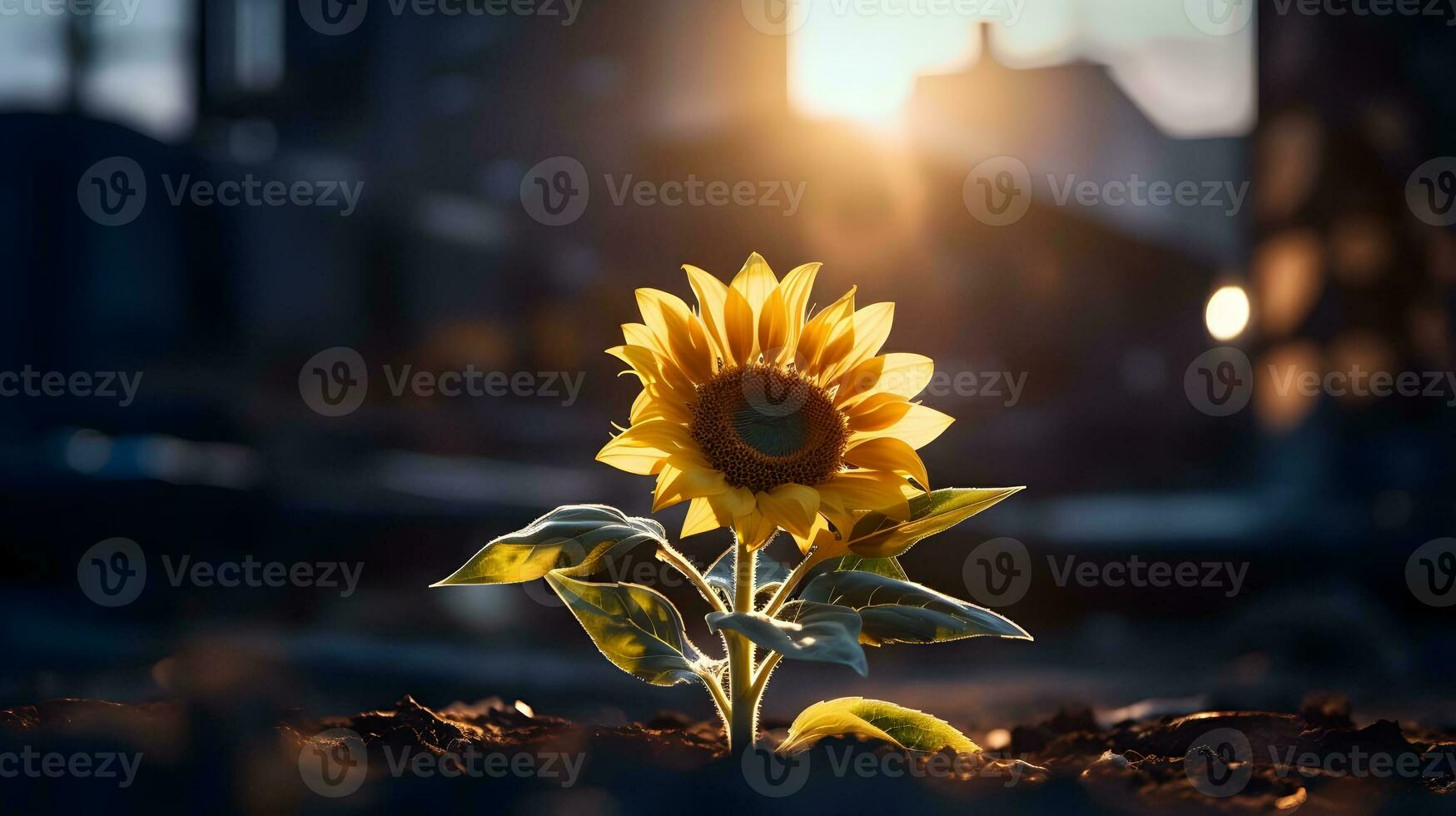 AI generated Sunflower on the background of the factory. Image generated by AI photo