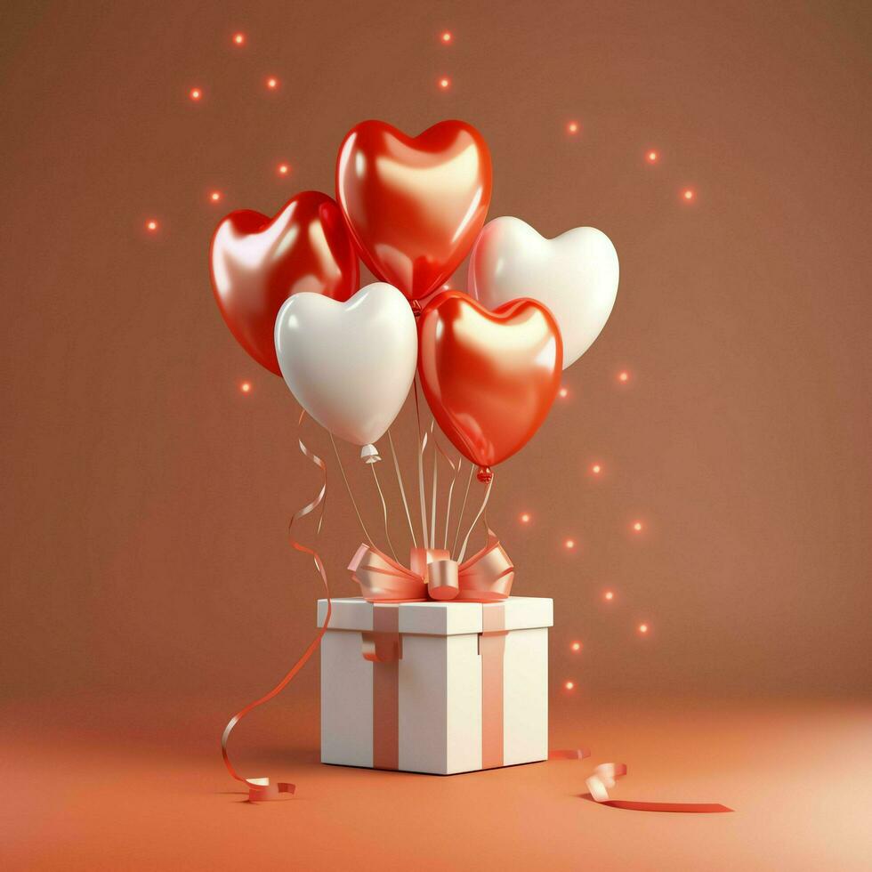 Happy valentine's day concept with red gift box and heart  shaped balloons romantic banner love concept by AI Generated photo