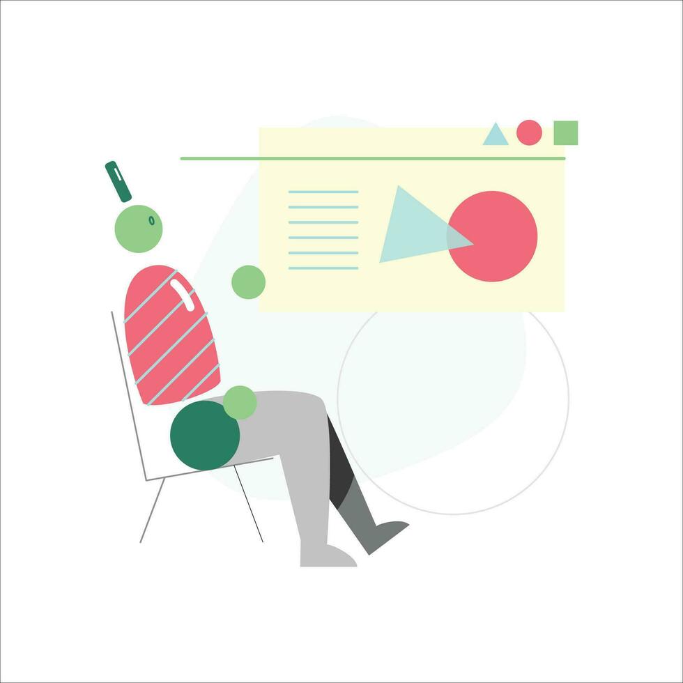 Businessman sitting on chair and looking at graphs and charts. Vector illustration