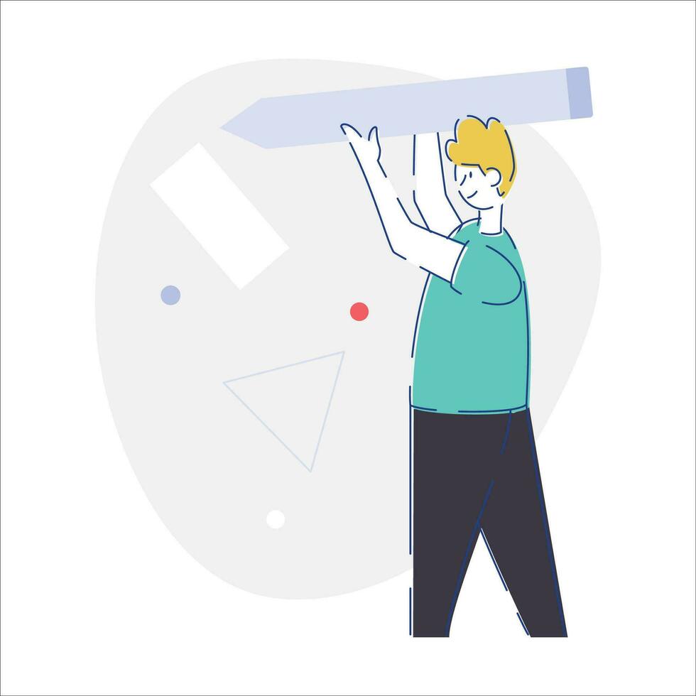 Man with a big arrow in his hand. Flat vector illustration.