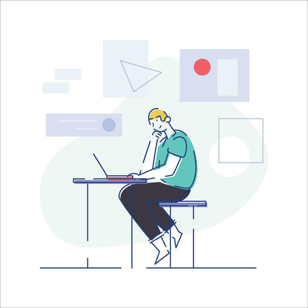 Man working on laptop in office. Vector illustration in flat style.