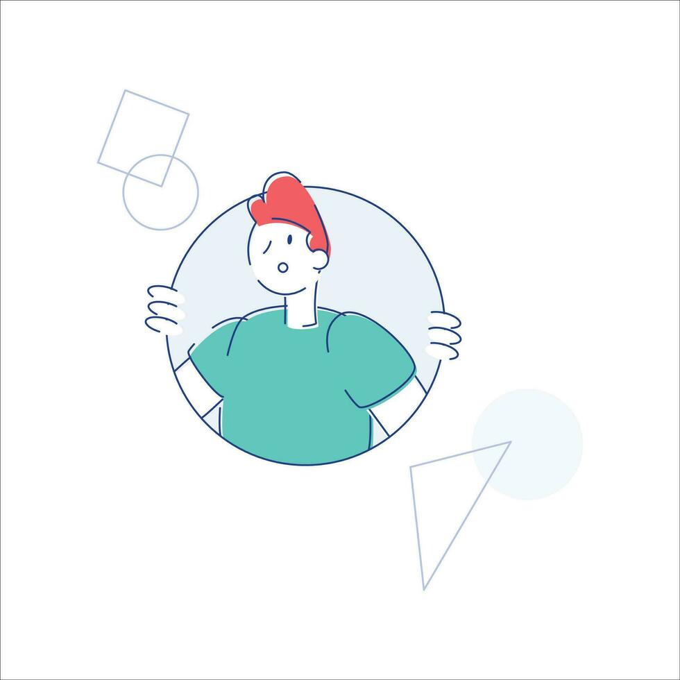 Vector illustration of a man in a blue t-shirt and a red hat. Flat style.