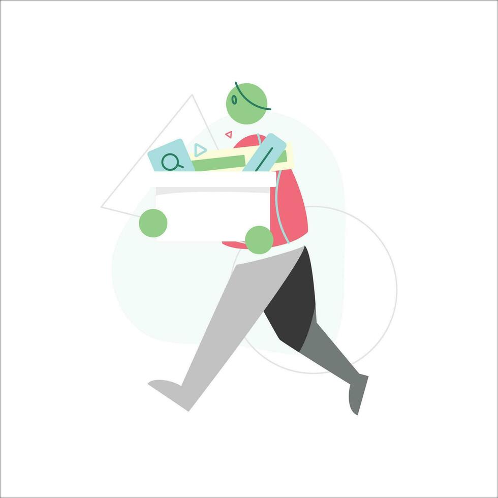 Businessman running with a box of documents. Flat style vector illustration.