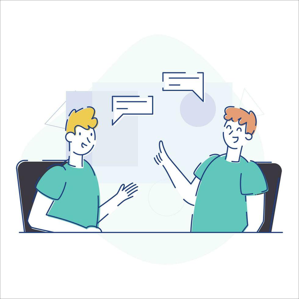 Communication concept in flat design style. Two young men talk and talk. Vector illustration.