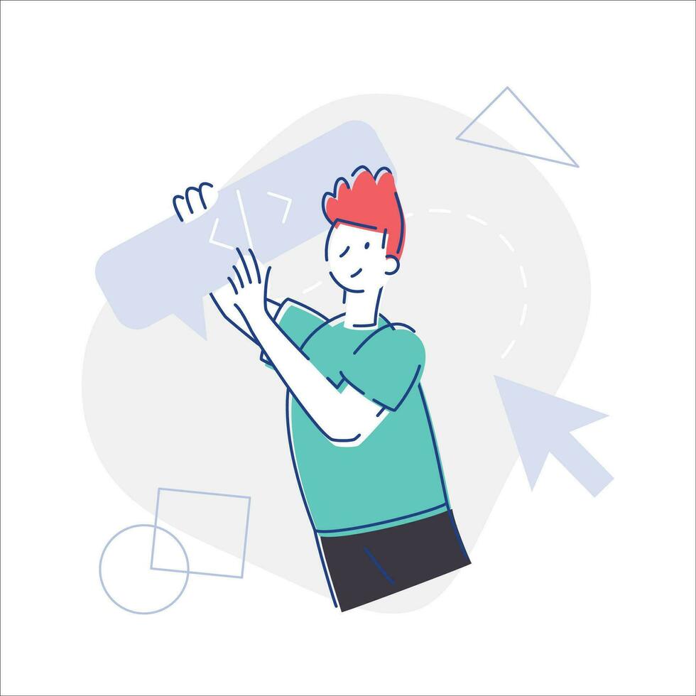 Vector illustration of a young man with a sheet of paper. Flat style.