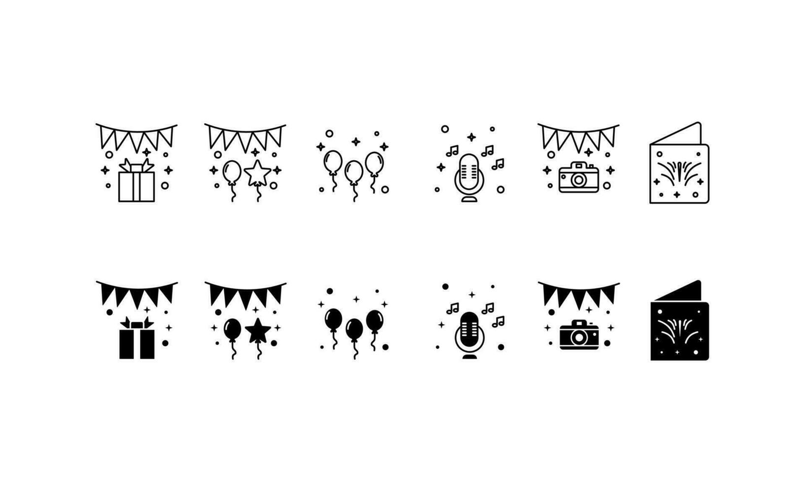 Party icon set. gift box,Flag Balloons,music,camera,greeting card.isolated white background with line style and black fill editable. vector