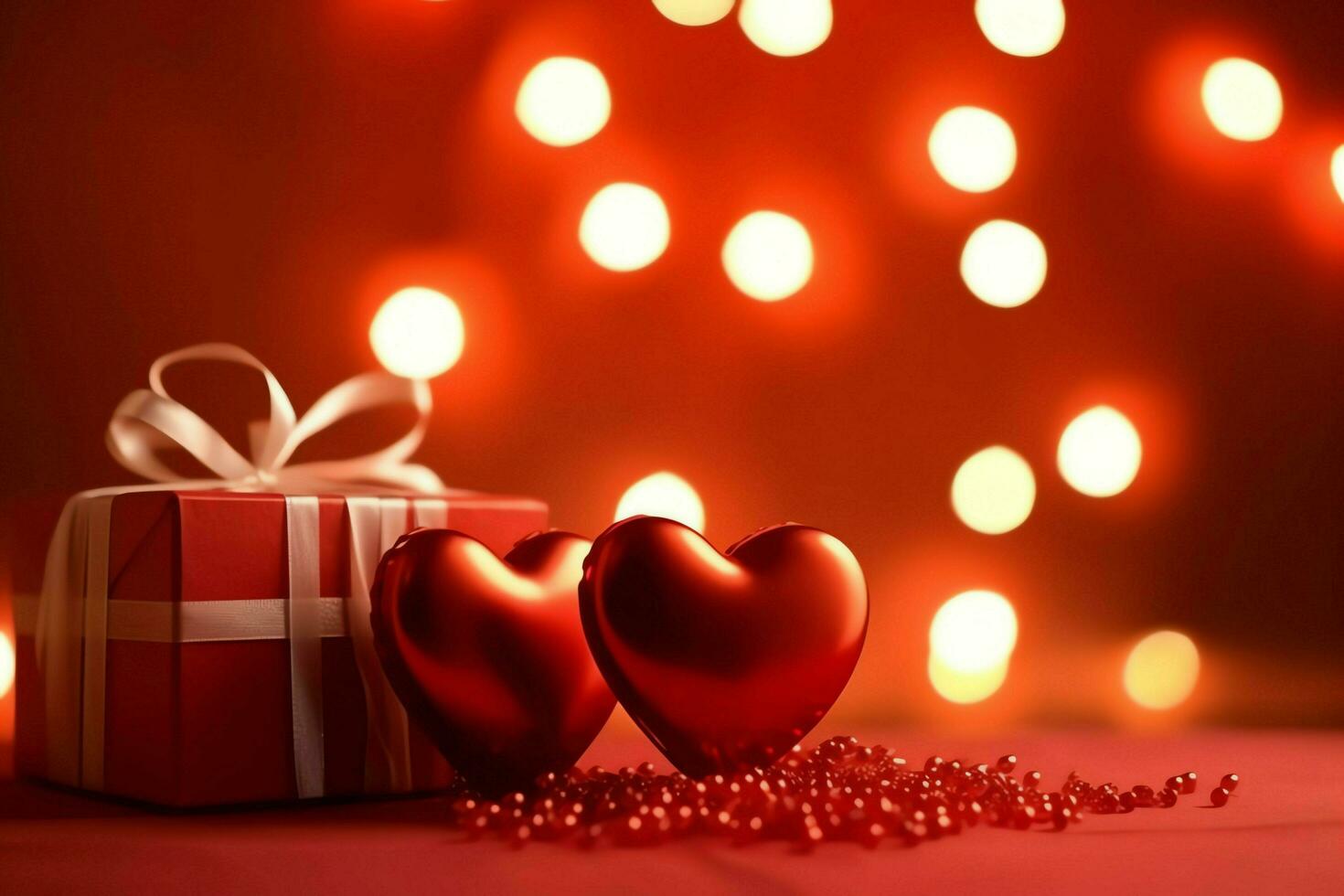contento San Valentín día concepto con rojo regalo caja y corazón conformado globos romántico bandera amor concepto por ai generado foto