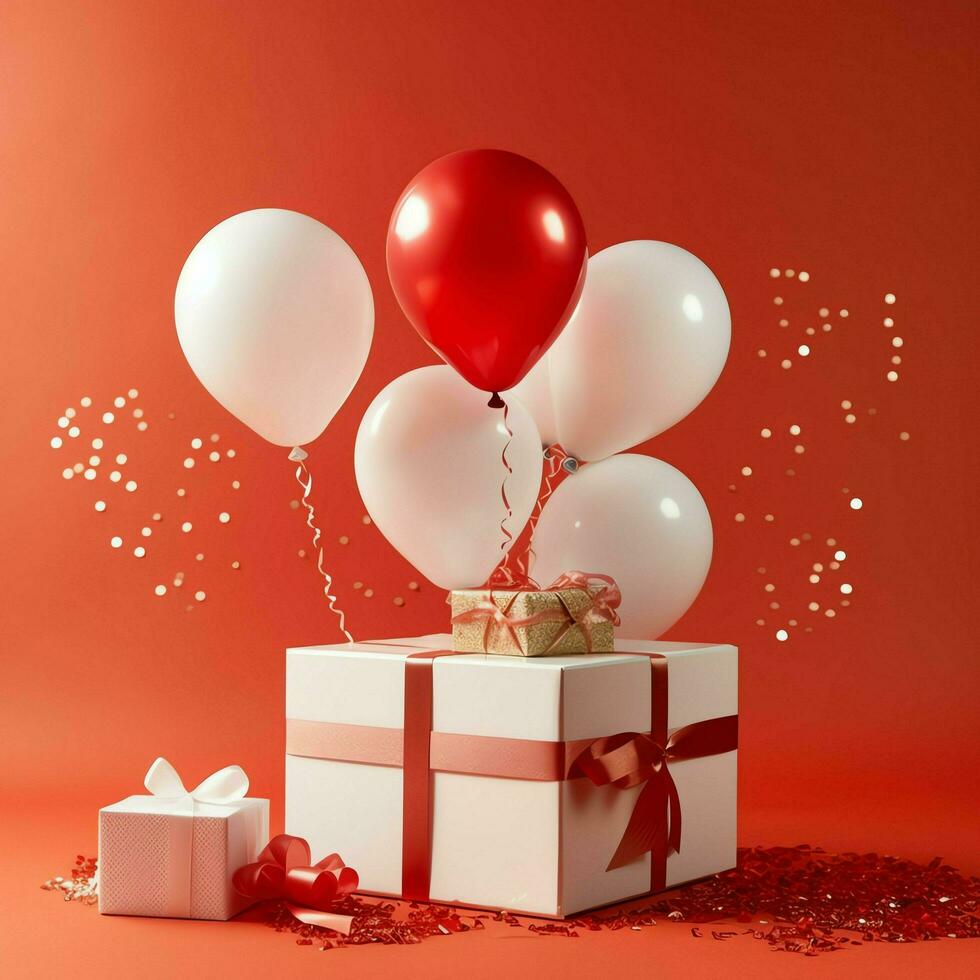 Happy valentine's day concept with red gift box and heart  shaped balloons romantic banner love concept by AI Generated photo