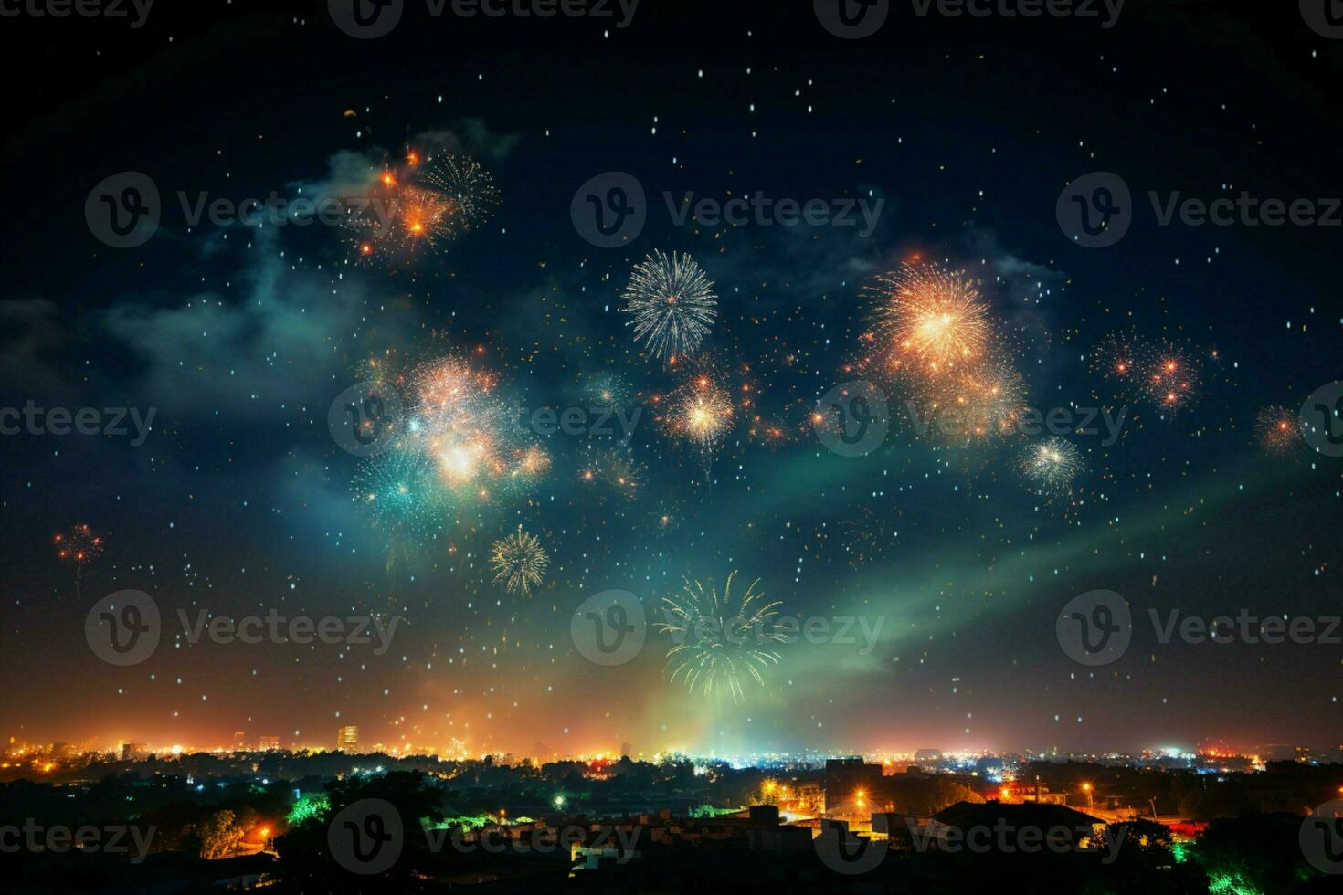 ai generado noche cielo espectáculo fuegos artificiales monitor armonizando con el etéreo lechoso camino ai generado foto