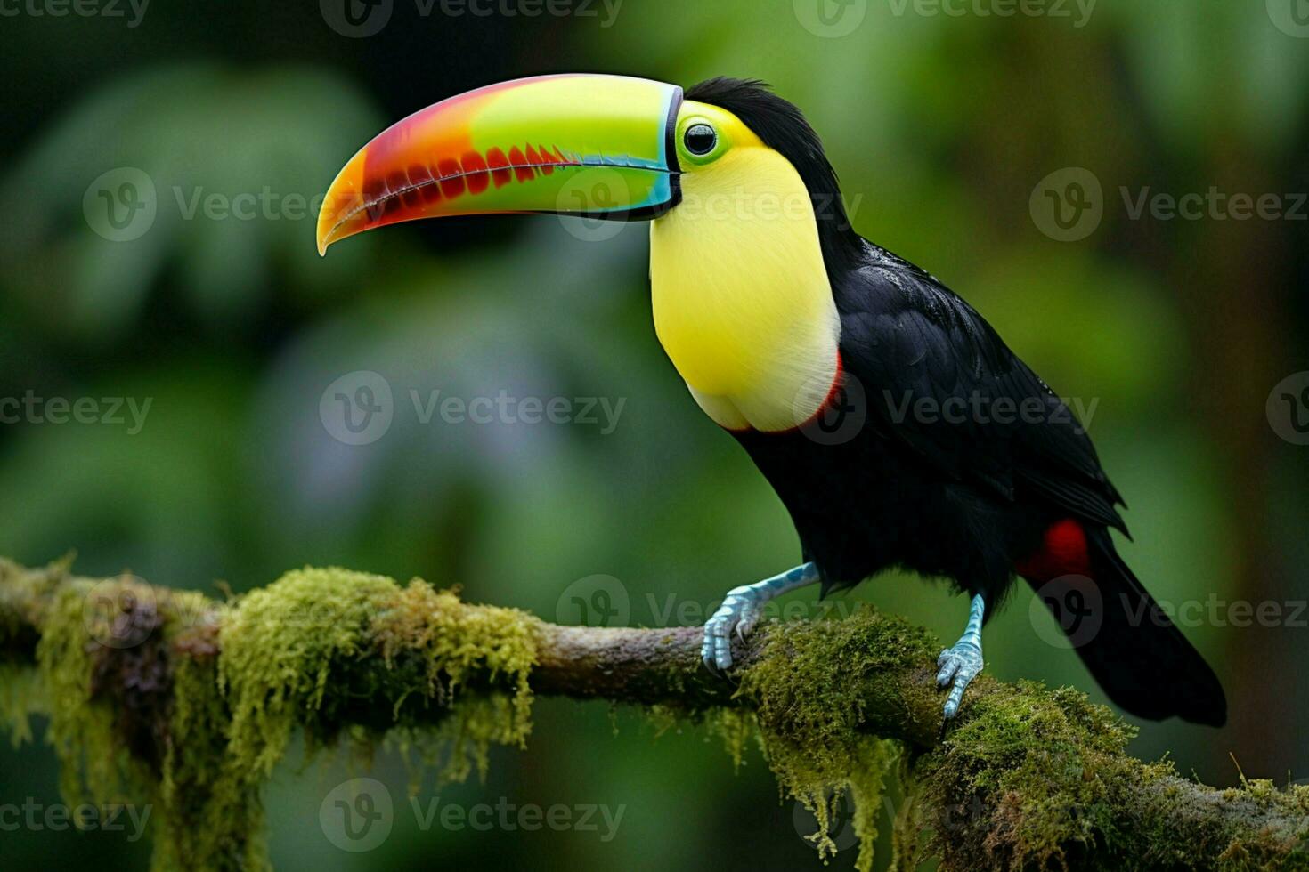 AI generated Keel billed Toucan perched on a forest branch in Panamas lush greenery AI Generated photo