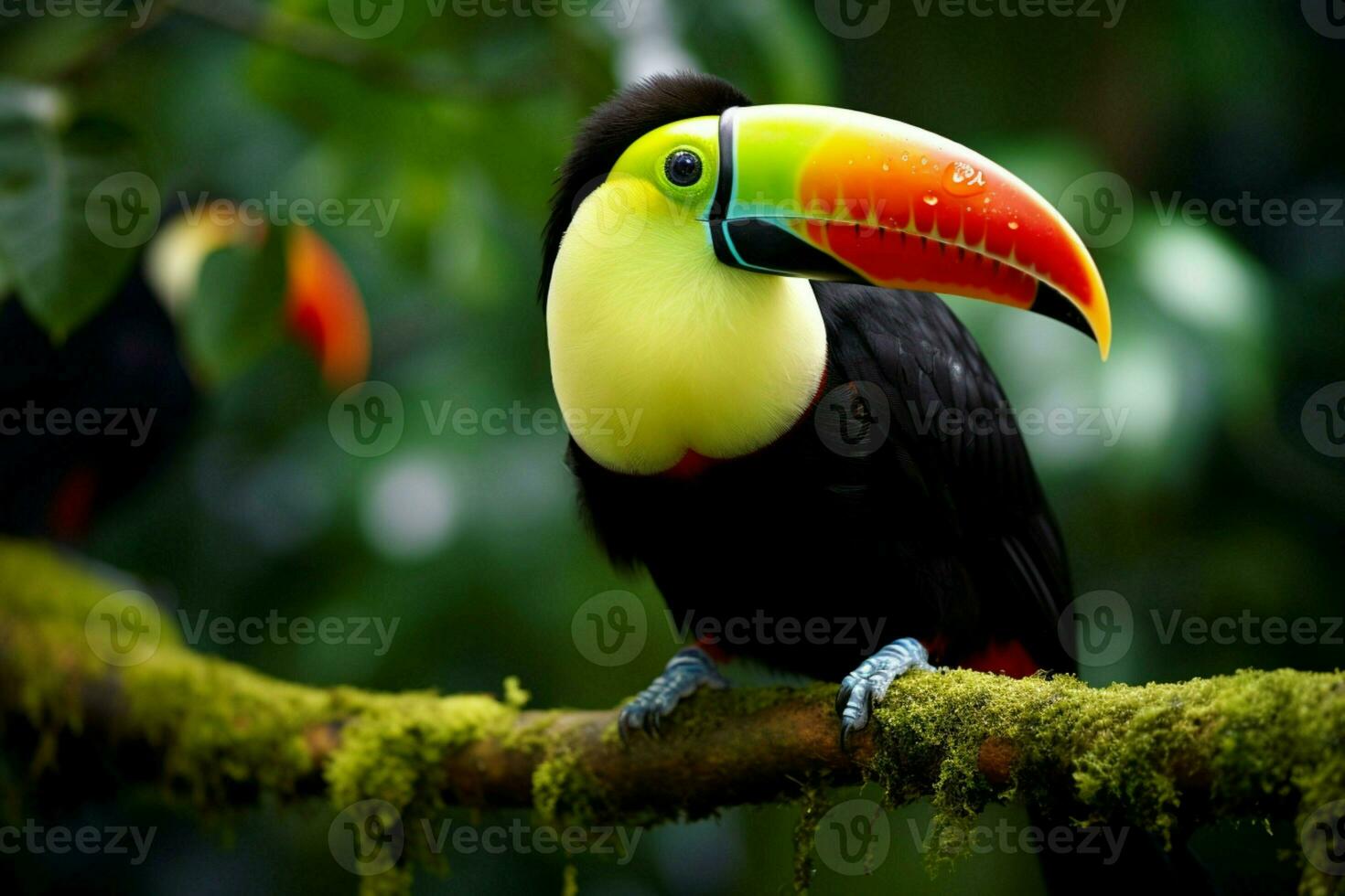 AI generated Keel billed Toucan perched on a forest branch in Panamas lush greenery AI Generated photo