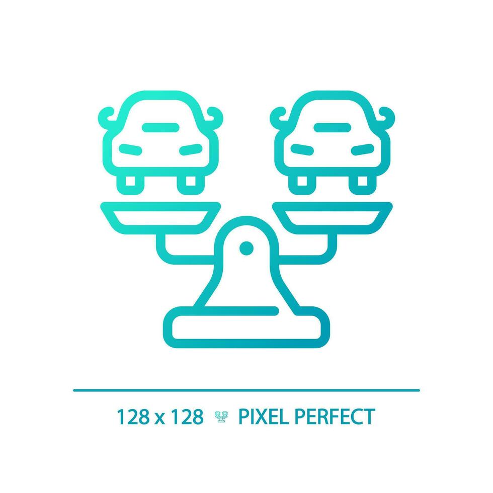 2D pixel perfect blue gradient cars on weight scale icon, isolated vector, thin line illustration representing comparisons. vector