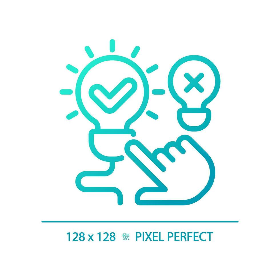 2D pixel perfect blue gradient hand pointing at illuminated light bulb icon, isolated vector, thin line illustration representing comparisons. vector