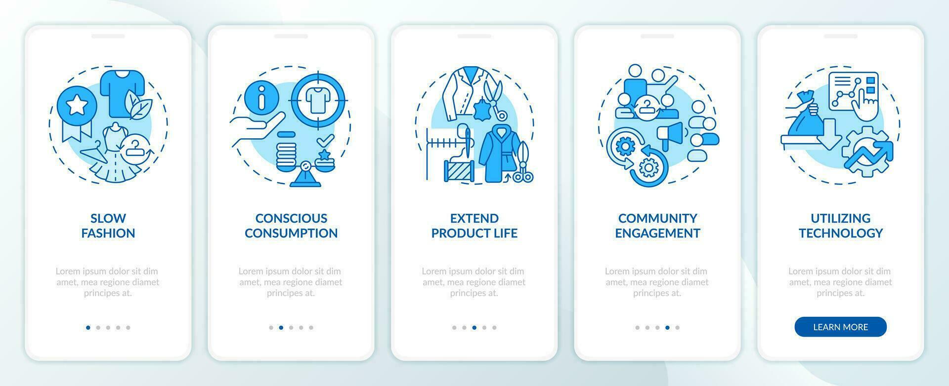 2D icons representing sustainable fashion mobile app screen set. Walkthrough 5 steps blue graphic instructions with line icons concept, UI, UX, GUI template. vector