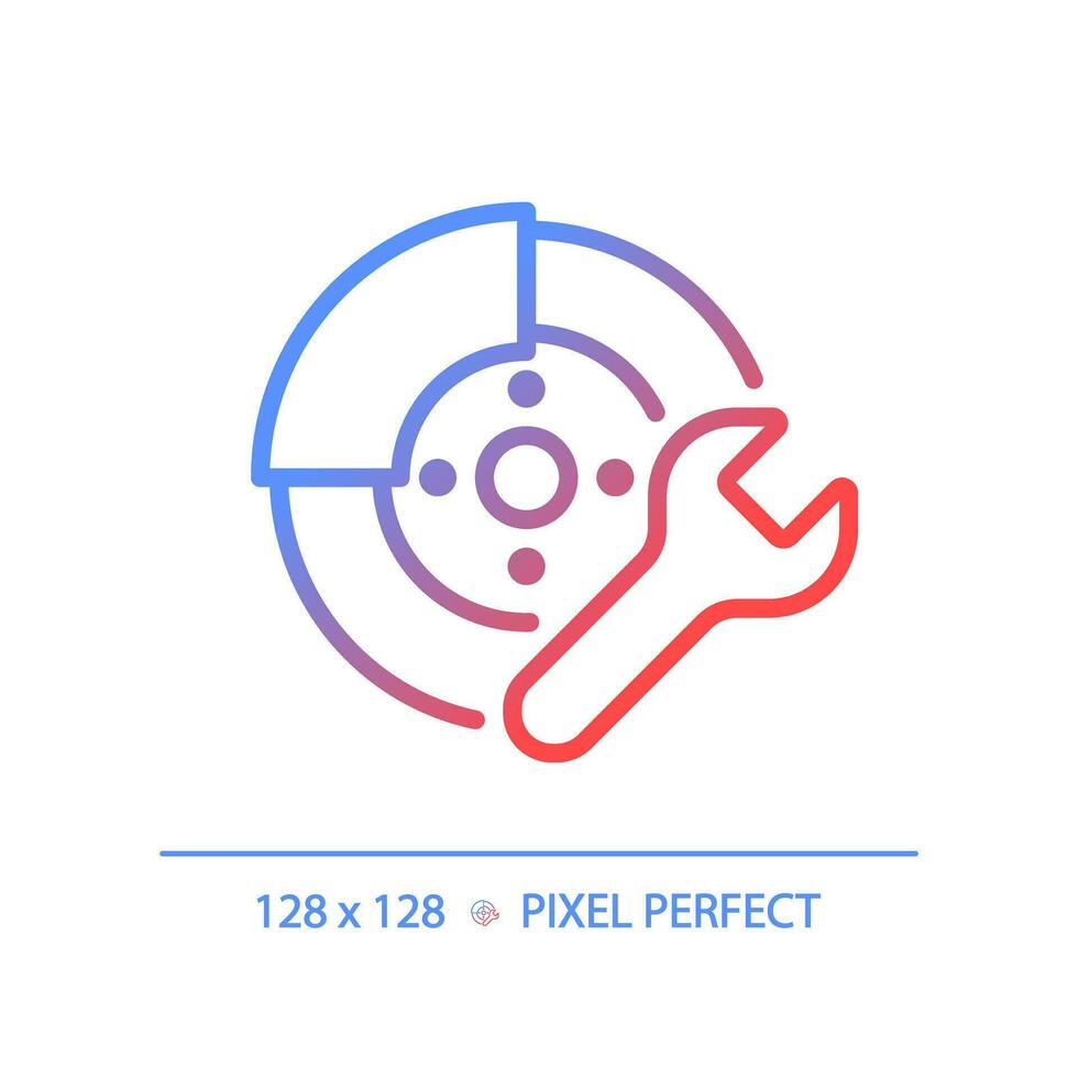 2D pixel perfect gradient car disc brake repair icon, isolated vector, thin line illustration representing car service and repair. vector
