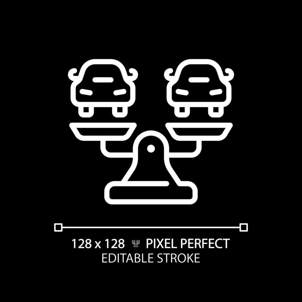 2D pixel perfect customizable white cars on weight scale icon, isolated vector, thin line illustration representing comparisons. vector