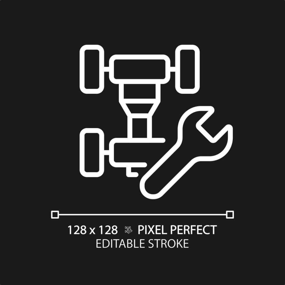 2D pixel perfect editable white car chassis repair icon, isolated vector, thin line simple illustration representing car service and repair. vector