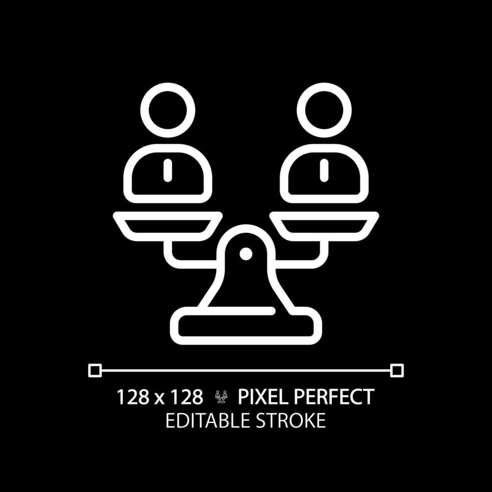 2D pixel perfect customizable white people on weight scale icon, isolated vector, thin line illustration representing comparisons. vector