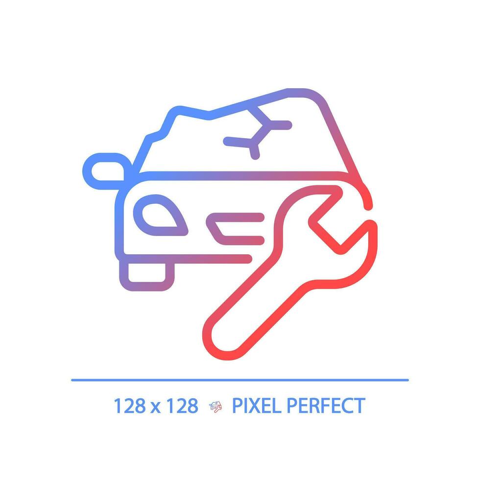 2D pixel perfect gradient car damage icon, isolated vector, thin line illustration representing car service and repair. vector