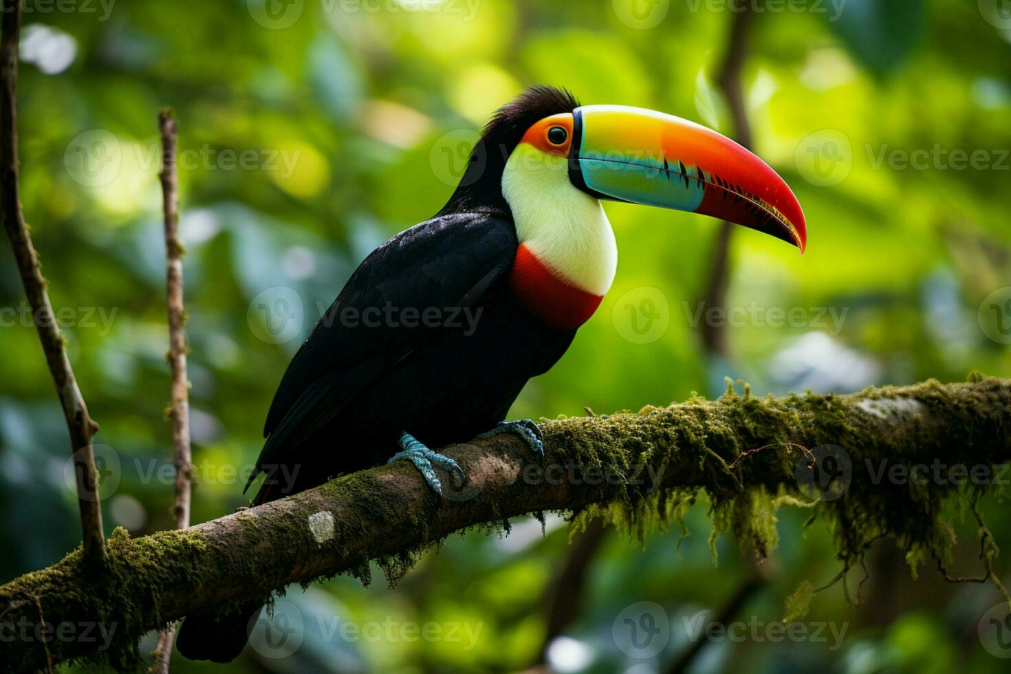 ai generado quilla facturado tucán encaramado en un bosque rama en Panamá lozano verdor ai generado foto