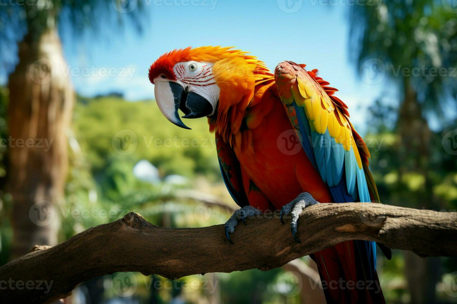 ai generado maravilloso guacamayo exhibiendo sus vibrante y vistoso plumaje ai generado foto