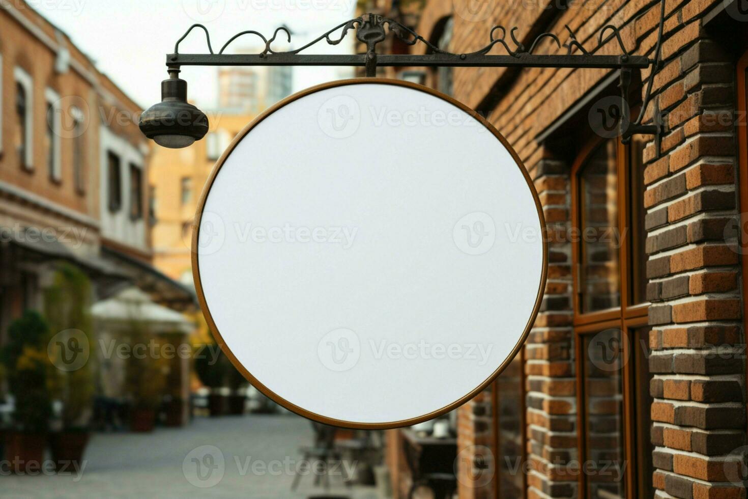 AI generated Company branding in focus with a round white sign mockup in a country city AI Generated photo