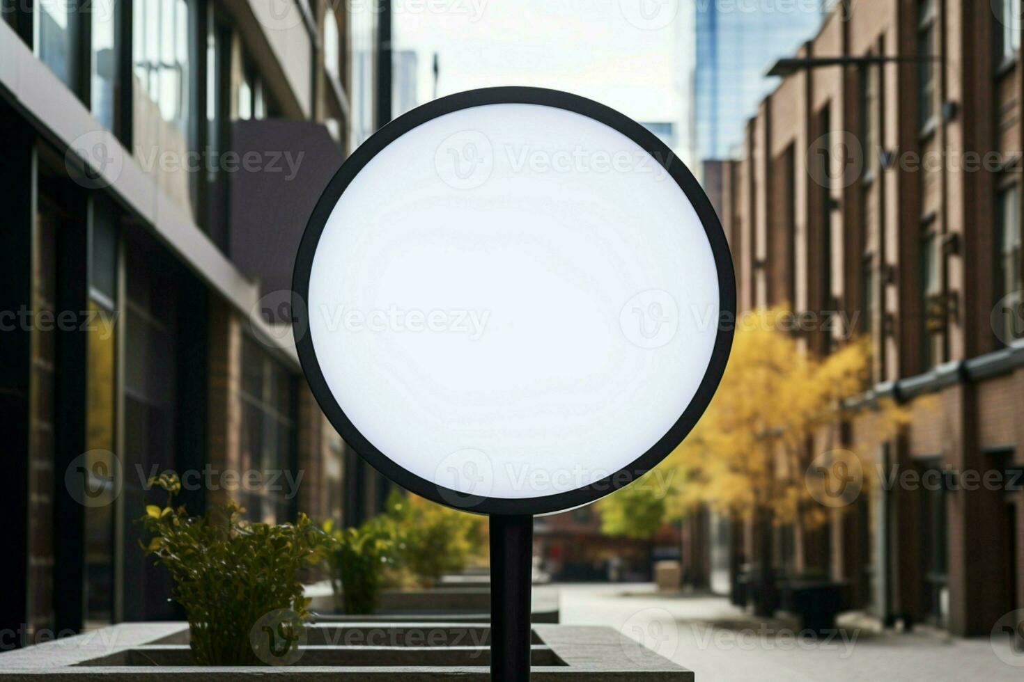 AI generated Company branding in focus with a round white sign mockup in a country city AI Generated photo